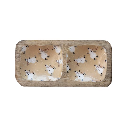 Hello Honey® 8" Snowman Double Compartment Enameled Mango Wood Tray